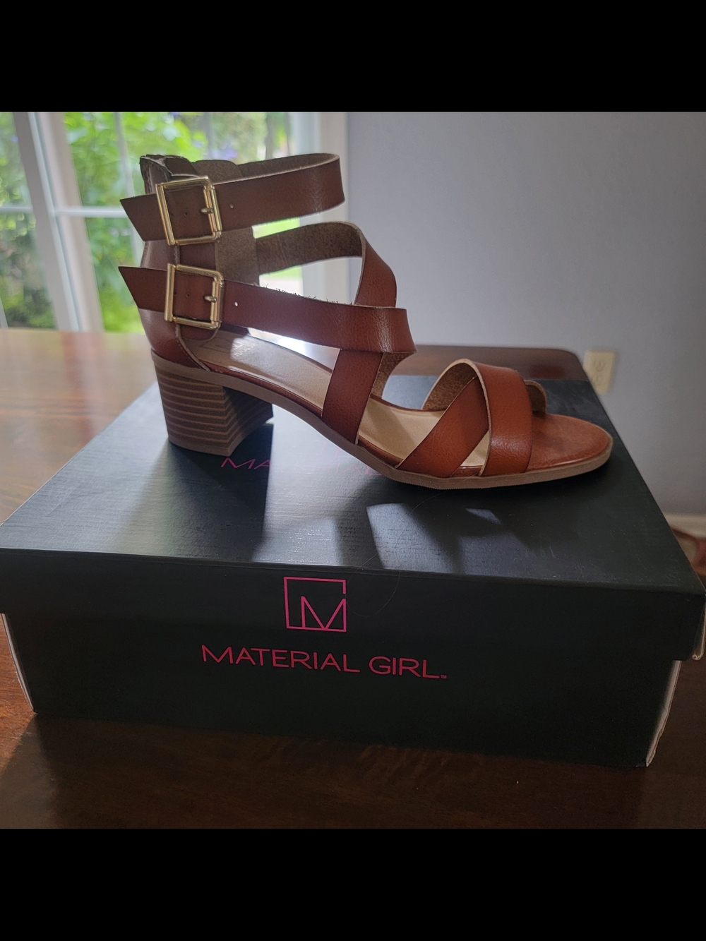 Material Girl Women's Brown Leather Strappy Block Heel Sandals